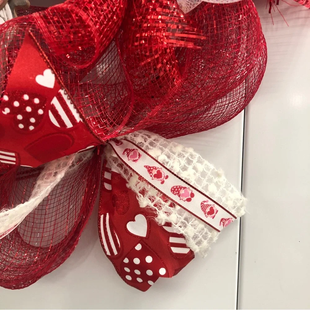 Gnome Deco Mesh Valentines Wreath Ribbons Hearts Red White Tubing Love